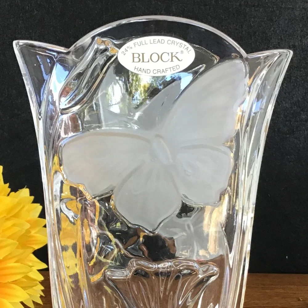 New Block Crystal Vase Butterfly Flowers Glass Hand Crafted Poland